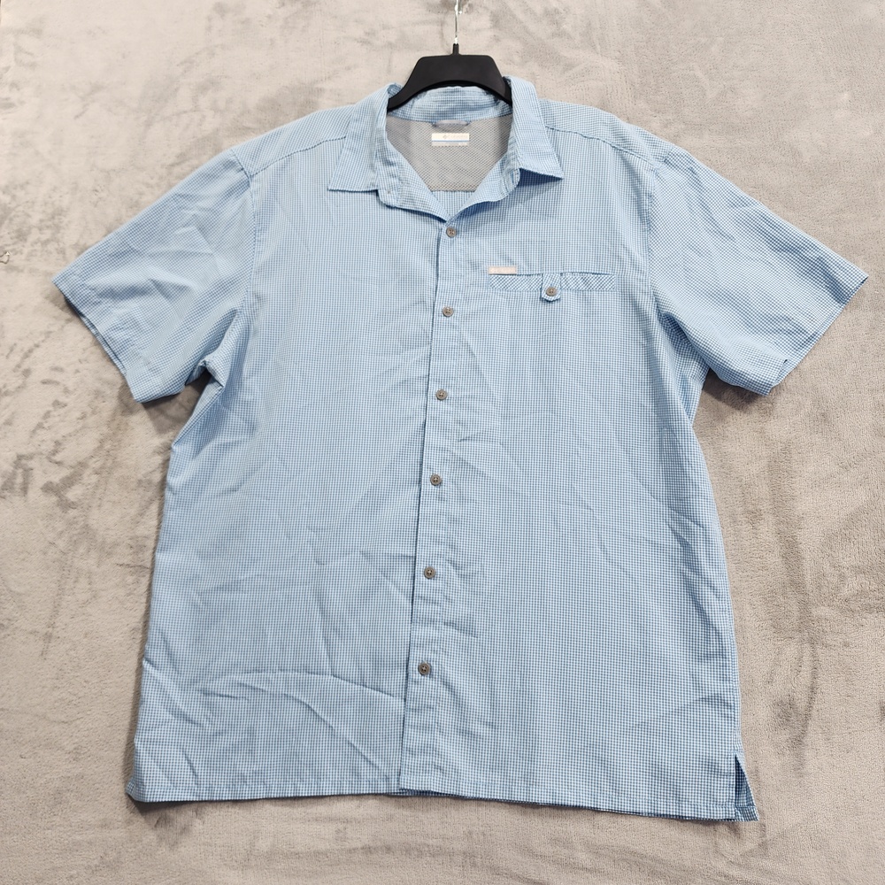 Columbia Shirt Mens XL Blue Check Short Sleeve Button Front Mesh Lined Casual